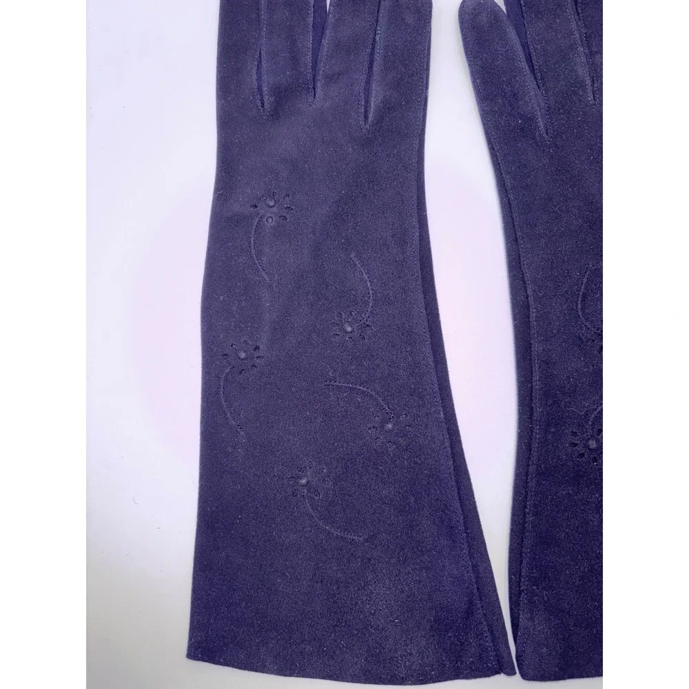 VTG‎ Kislav Lavable Navy Blue Opera Gloves Floral Eyelet Suede Cloth 7.5 France